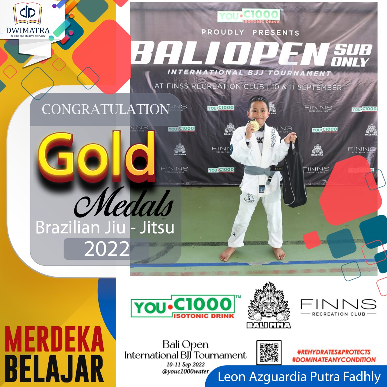 Leon Azguardia Putra Fadly has been awarded as gold medals winner in Brazillian Jiu-Jitsu competition.